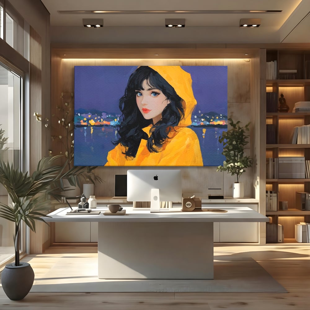 Tablou canvas cu tablou canvas cu femeie in pelerina galben, fara rama, pe sasiu de lemn, pe perete intr-un birou